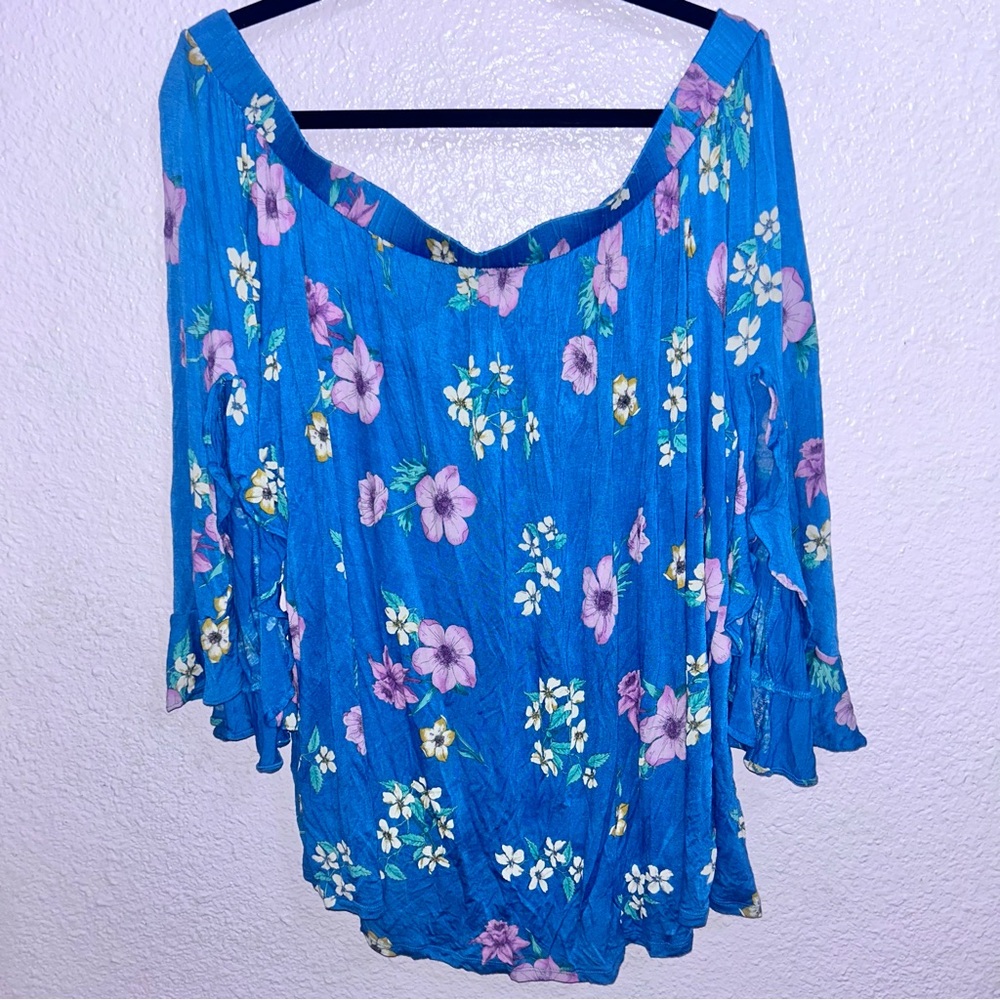 Lane Bryant Blue Floral Off-Shoulder Tunic